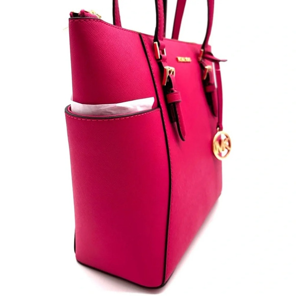 Michael Kors Large Charlotte Tote Bag Luggage Leather Electric Pink - Picture 4 of 12